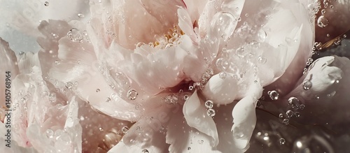 Fototapeta Naklejka Na Ścianę i Meble -  Dew-kissed petals of a pale blossom, submerged, bubbles rising