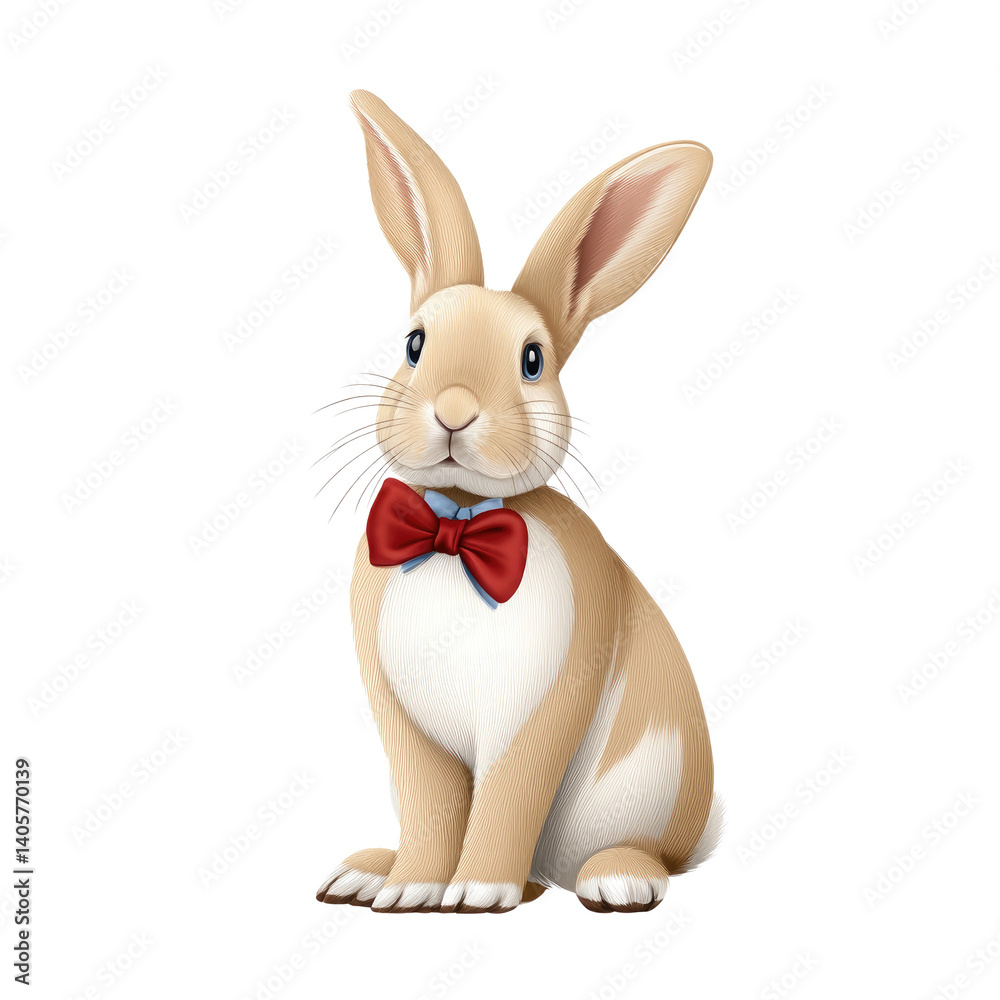 Obraz premium A rabbit with beige and white fur sits upright, wearing a vibrant red bow tie. Its expressive eyes and gentle demeanor create an inviting and friendly atmosphere ideal for storytelling