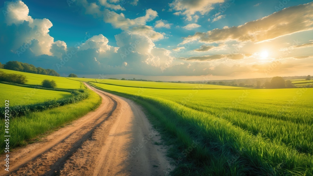 Countryside path and verdant farmland view Countryside path and verdant farmland view