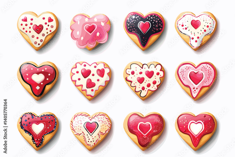 Set of heart shaped sugar cookies with icing. Sweet dessert for Valentine's Day. Set of heart shaped sugar cookies with icing. Sweet dessert for Valentine's Day.