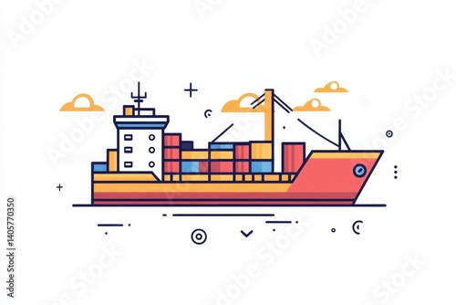 Cargo ship illustration, simple and modern style.  A container ship depicted with a flat design and clean lines, featuring various containers and cranes photo