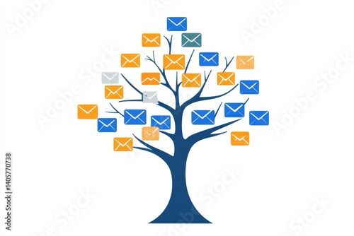 Email communication network visualized as a tree.  Many email messages represented by envelopes, growing from a single email root