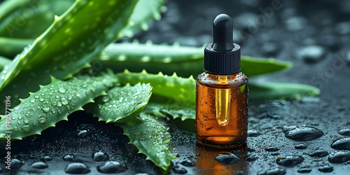 Amber glass dropper bottle with aloe vera leaves and water droplets on dark wet surface.Close-up