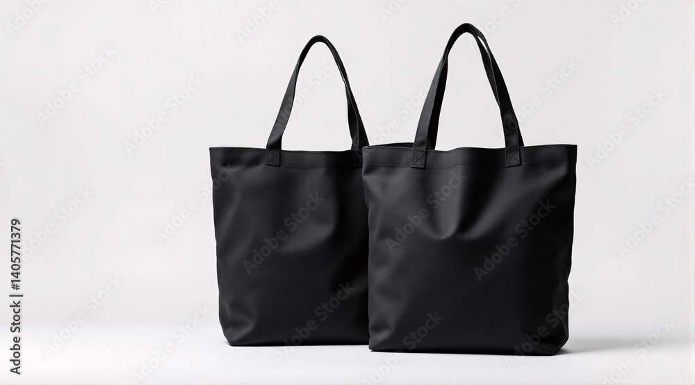 Photorealistic studio mockup of two plain black canvas tote bags. Soft dramatic lighting. Placed on a clean, minimalist background. Photorealistic studio mockup of two plain black canvas tote bags. Soft dramatic lighting. Placed on a clean, minimalist background.