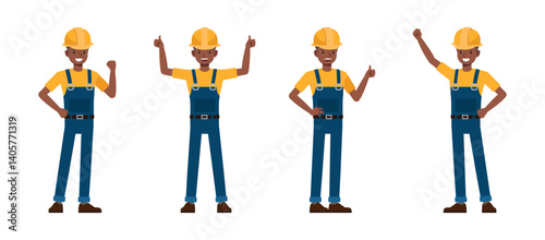 Construction worker character vector illustration design set. Presentation in various action.