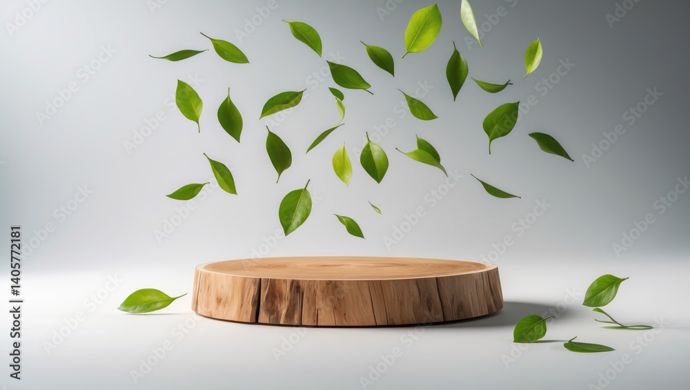 Wooden slice podium featuring airborne green leaves on a white surface. Conceptual scene for product introduction, sale promotions, banners, presentations, and cosmetic displays. Empty wooden studio