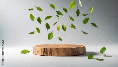 Obraz na płótnie Wooden slice podium featuring airborne green leaves on a white surface. Conceptual scene for product introduction, sale promotions, banners, presentations, and cosmetic displays. Empty wooden studio w salonie