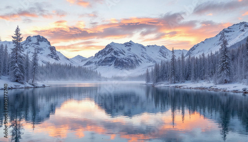 Snowy mountain landscape at dusk with reflective lake and colorful sky in winter