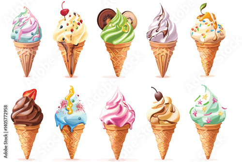 Desserts, sweet eating set. Yummy street food, confectionery snacks. Cone waffle with filling, icecream balls in cup, ice-cream in cone. Flat vector illustrations isolated on white background