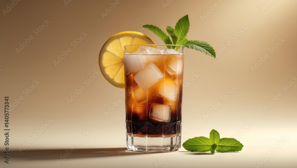 Long Island ice tea cocktail mix in a highball glass with vodka, rum, tequila, gin, liquor, lemon juice, cola, and ice, topped with lemon slice and mint on a beige background showcasing hard light Long Island ice tea cocktail mix in a highball glass with vodka, rum, tequila, gin, liquor, lemon juice, cola, and ice, topped with lemon slice and mint on a beige background showcasing hard light