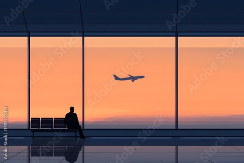 A lone traveler sitting by the airport lounge window silently observing planes taking flight as the sun sets in the distance creating a serene and contemplative atmosphere