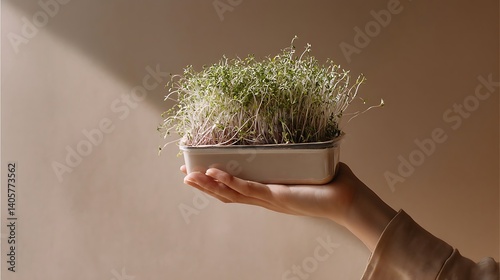 Sprouting microgreens held aloft in the light.