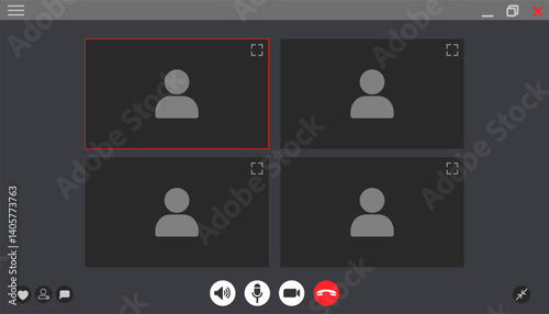 Video chat user interface, play video window with navigation icons, video calls window overlay, remote communication, video chat screen template