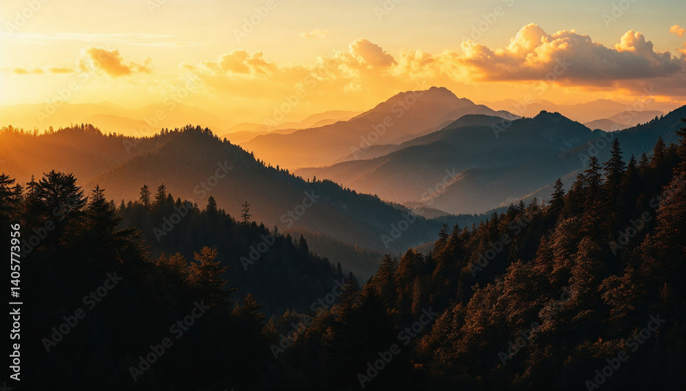 Obraz premium Majestic mountain landscape at sunset with golden light and silhouetted trees in the foreground