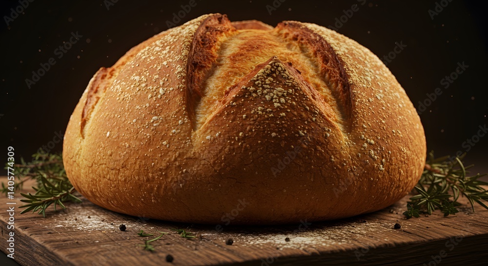 Rustic artisan bread on wooden board with moody dark background Rustic artisan bread on wooden board with moody dark background