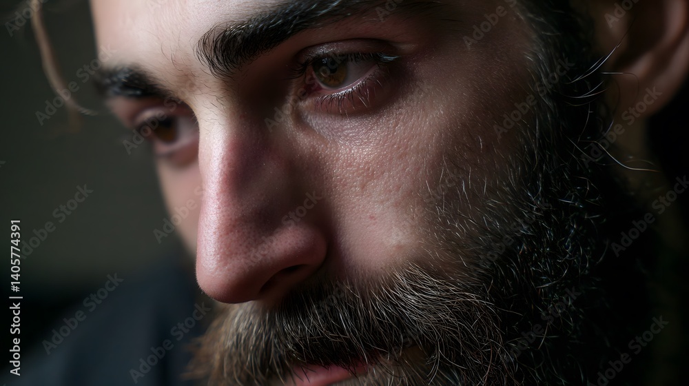 Obraz premium Introspective Man Engaged in Thoughtful Reflection About His Life and Experiences in a Close-Up Portrait
