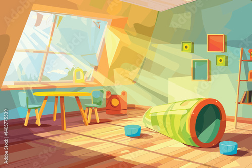Bedroom interior at daytime flat vector illustration. Huge bed with decorative pillows, blanket in spacious room. Fireplace, stylized brick walls with bookshelves. Bedside tables with interior plants