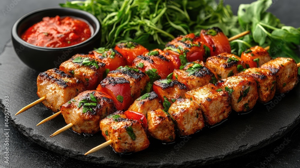 Skewered and grilled chicken and bell pepper kebabs on a slate plate with a small bowl of red sauce Skewered and grilled chicken and bell pepper kebabs on a slate plate with a small bowl of red sauce