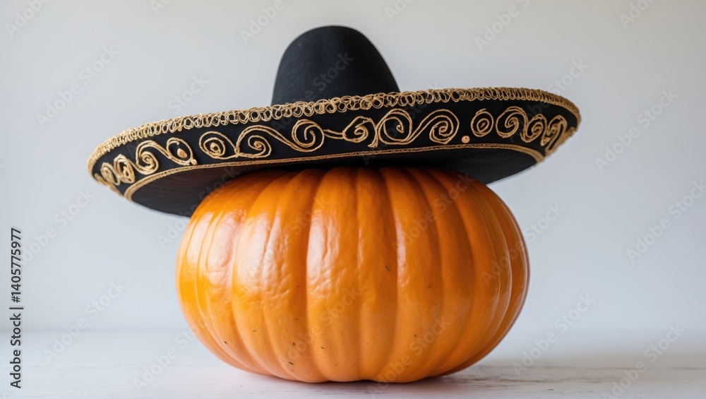 Pumpkin Dressed in a Sombrero with White Isolation