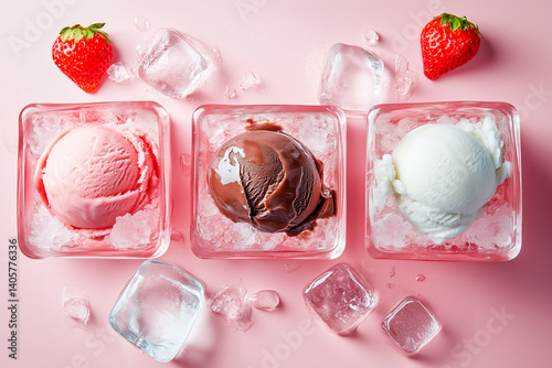 Ice cream balls (strawberry, vanilla and chocolate) are inside ice cubes, top view, pink background, small ice cubes and halves of fresh strawberries nearby