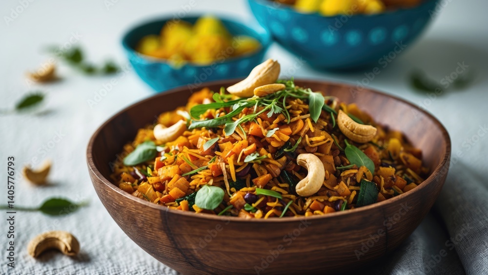 Aval Upma, Poha Upma, or Kanda Poha Upma: A Delicious and Healthy Breakfast Served in a Wooden Bowl with a Textured Background Aval Upma, Poha Upma, or Kanda Poha Upma: A Delicious and Healthy Breakfast Served in a Wooden Bowl with a Textured Background