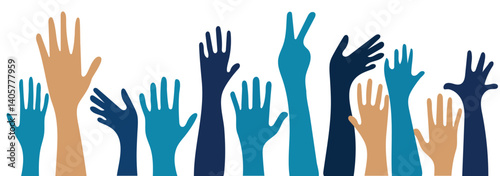 Volunteers and charity work. Raised helping hands. Vector thin line icon illustrations with a crowd of people ready and available to help and contribute. Positive foundation, business, service.