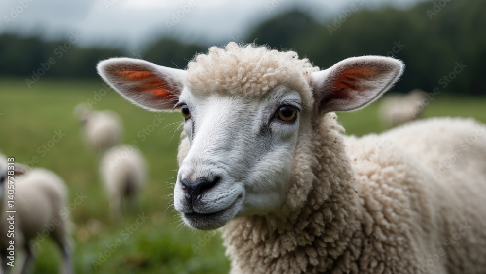 Sheep stares into the camera lens. Close view of a lamb. Natural hues. Playful cute sheep wandering in the meadow. Lambs pose for photographs. Delightful sheep. Sheep stares into the camera lens. Close view of a lamb. Natural hues. Playful cute sheep wandering in the meadow. Lambs pose for photographs. Delightful sheep.