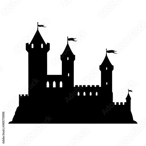 Castle silhouette vector isolated on white background, medieval fortress outline for fairytale design, fantasy art, storybook illustration, or historic-themed graphics.

