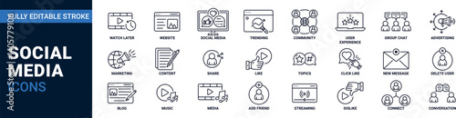 Social Media line icon set. Website, blog, marketing, trending symbol.