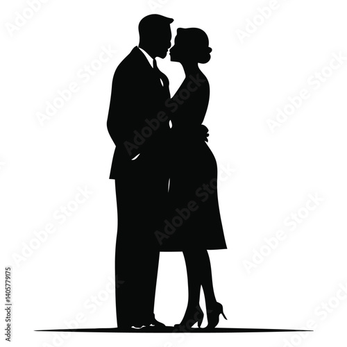 Vector Silhouette of Retro Couple in Vintage Attire Representing Mid-20th Century Fashion, Classic Romance, Nostalgic Love, and Timeless Elegance in Retro Style Illustration

