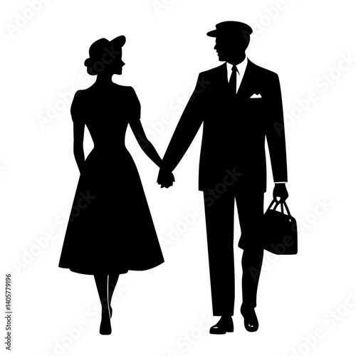 Vector Silhouette of Retro Couple Holding Hands in 1960s Fashion Representing Mod Style, Vintage Romance, Classic Love, and Nostalgic Couple Illustration

 photo