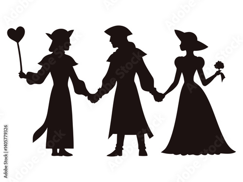 Vector Silhouette of Medieval Love Triangle with Knight, Lady, and Rival Capturing Courtly Love, Jealousy, Romance, Forbidden Affection, and Classic Gothic Themes

