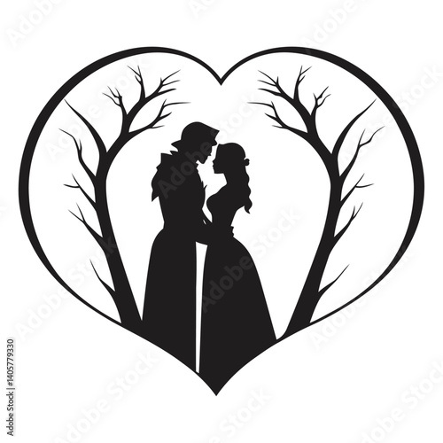 Silhouette of Medieval Lovers Embraced Inside a Heart Shape Representing Romance, Chivalry, Historical Love, Knights, and Timeless Affection in Gothic and Classic Art Style

