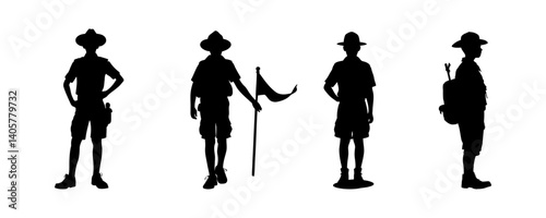 Silhouette Set of Boy Scouts in Uniforms with Camping Gear and Outdoor Poses Highlighting Adventure, Leadership, Survival Skills, and Scouting Activities in Nature

