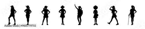 Silhouette Set of Girl Scouts in Uniforms with Backpacks and Outdoor Gear Representing Adventure, Teamwork, Leadership, and Scouting Activities in Vector Illustration Style

