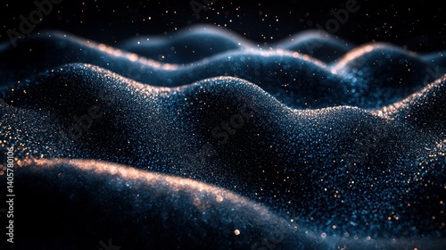 Abstract digital waves of glowing particles.  Dark blue and orange shimmering texture with subtle wave patterns