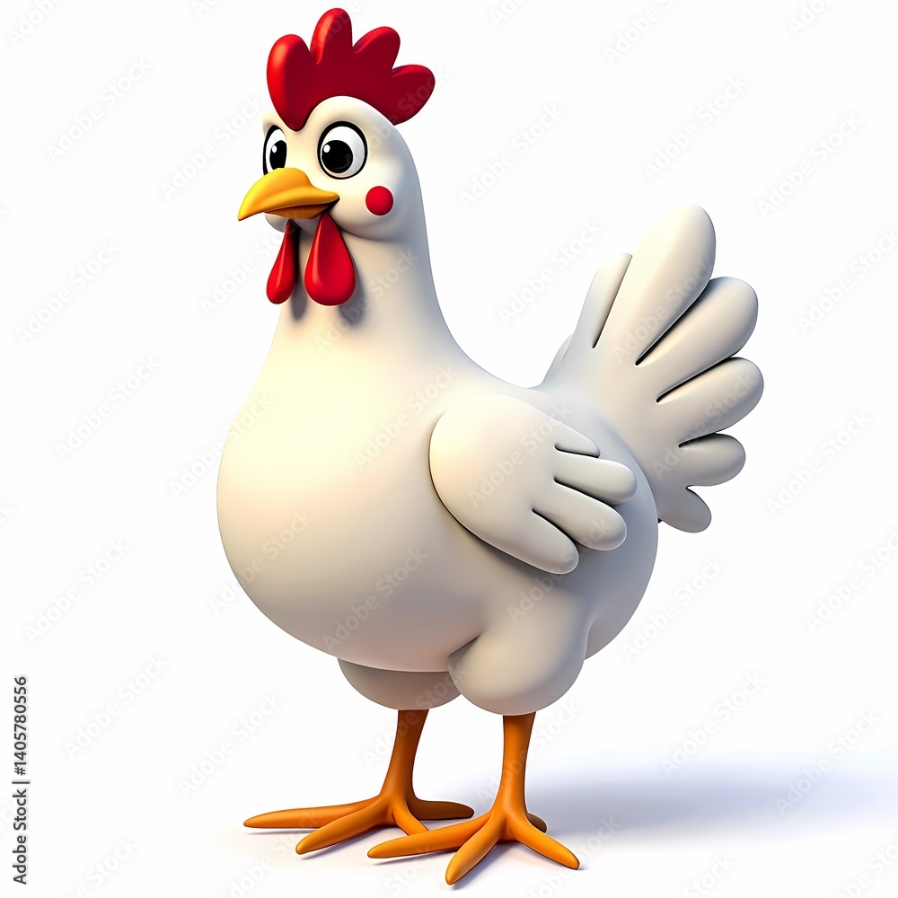 A cartoon chicken with white feathers, a red comb, and orange legs standing on a white surface