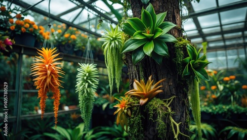 Tree trunk in the greenhouse adorned with hanging epiphytic moss and bromeliads, close-up view. photo
