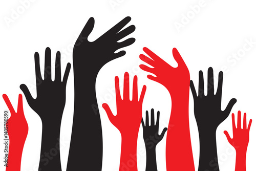 Raised Hands volunteering. Flat illustration concept. Variety Design Raising hands vector silhouette, several hand raising, protest concept, togetherness idea silhouette on  white background.
