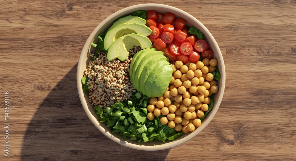 Colorful vegan salad bowl with grains and veggies on rustic table Colorful vegan salad bowl with grains and veggies on rustic table