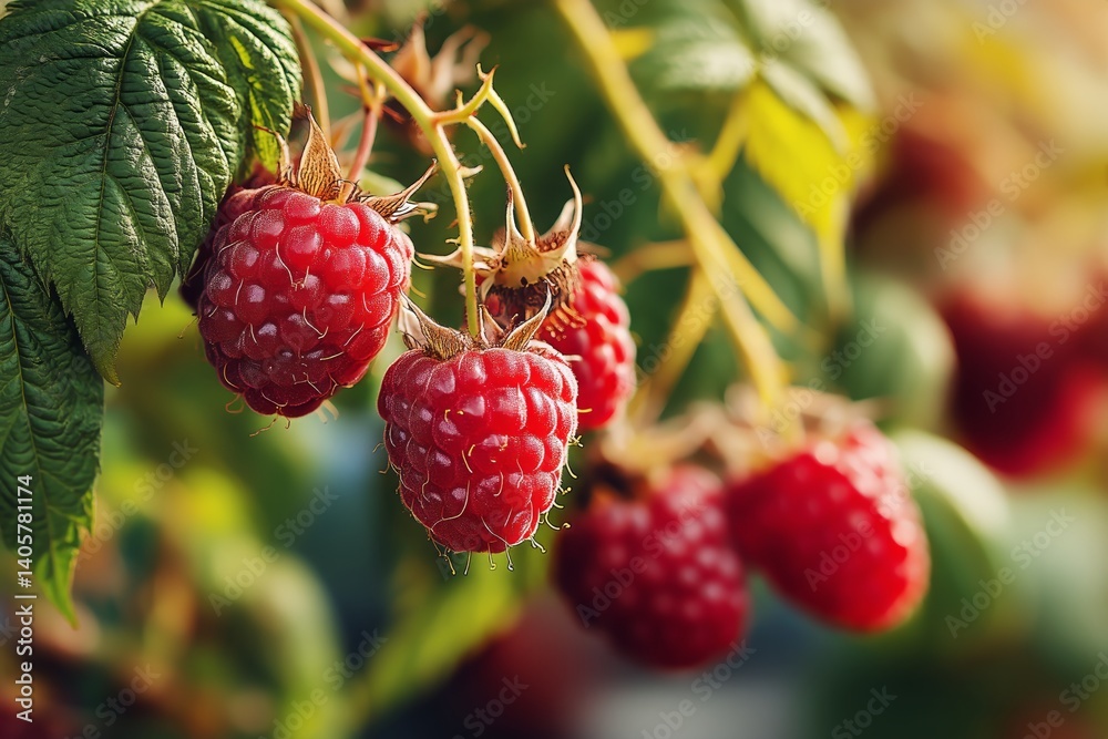 Ripe and Unripe Raspberries Growing on a Green Vine in a Garden During a Sunny Afternoon