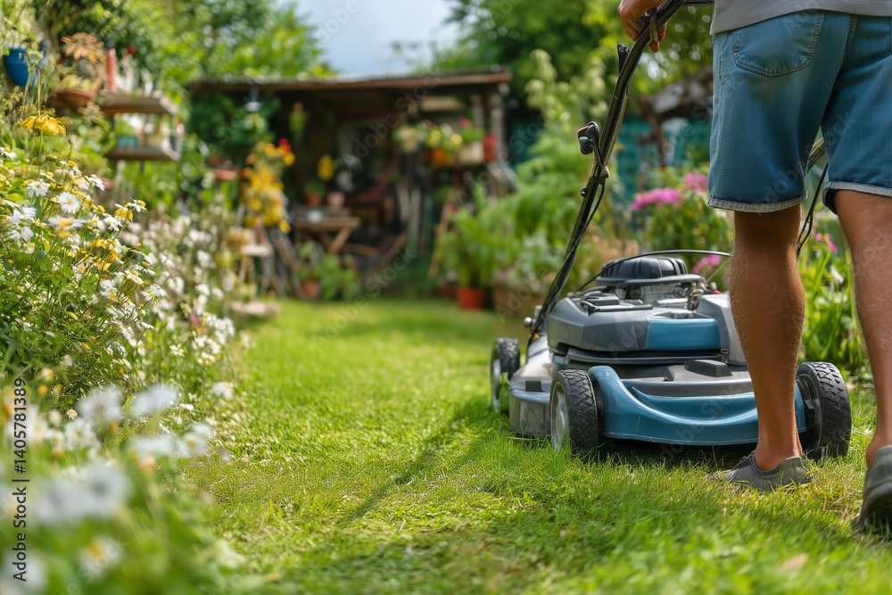 Lawn Care Activity in a Vibrant Garden During Summer Afternoon