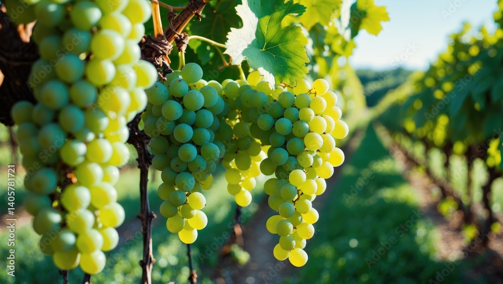 Mature Chardonnay grapes suspended on the vine. Mature Chardonnay grapes suspended on the vine.