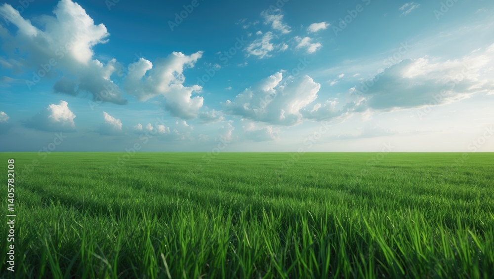 Vibrant green grass meadow with a clear blue sky and fluffy white clouds in a landscape image Vibrant green grass meadow with a clear blue sky and fluffy white clouds in a landscape image
