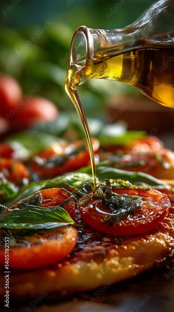 Fresh Basil and Tomato Pizza Topped With Olive Oil in a Rustic Kitchen Setting