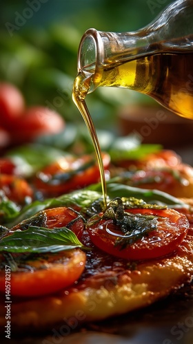 Obraz na płótnie Fresh Basil and Tomato Pizza Topped With Olive Oil in a Rustic Kitchen Setting w salonie
