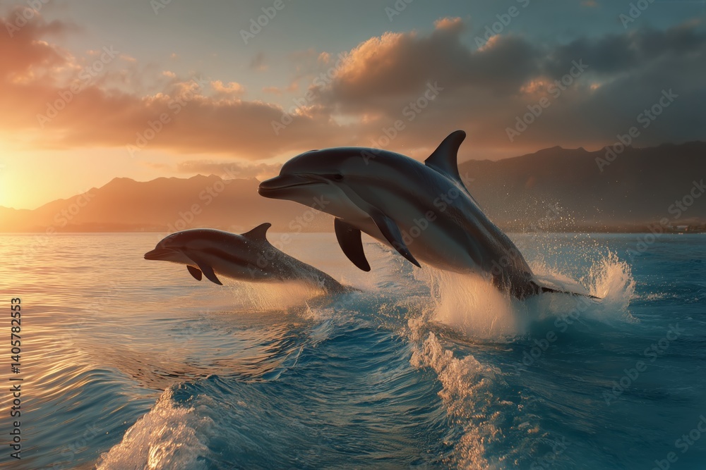 Dolphins Leap Gracefully in the Ocean During a Stunning Sunset Near a Tropical Shoreline