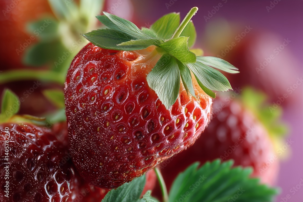 Juicy Red Strawberries With Vibrant Green Leaves on a Purple Background During Summer Season