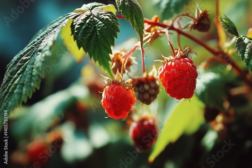 Fresh Raspberries Ripe for Harvest in a Sunny Garden During Summer Season