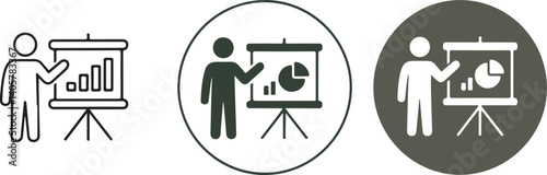  Business Presentation Icon with Person Pointing to Chart Board – Data Analysis, Strategy, and Growth Symbol in Minimal Monochrome Vector Style